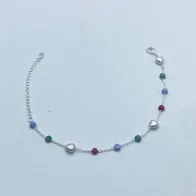 Pulseira Pedra Coloridas + Corações Perolas Prata