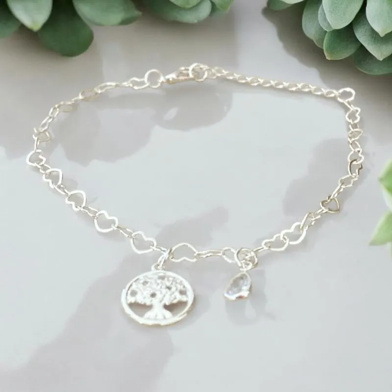 Pulseira Corações Pingente Arvore da Vida + Brilhante