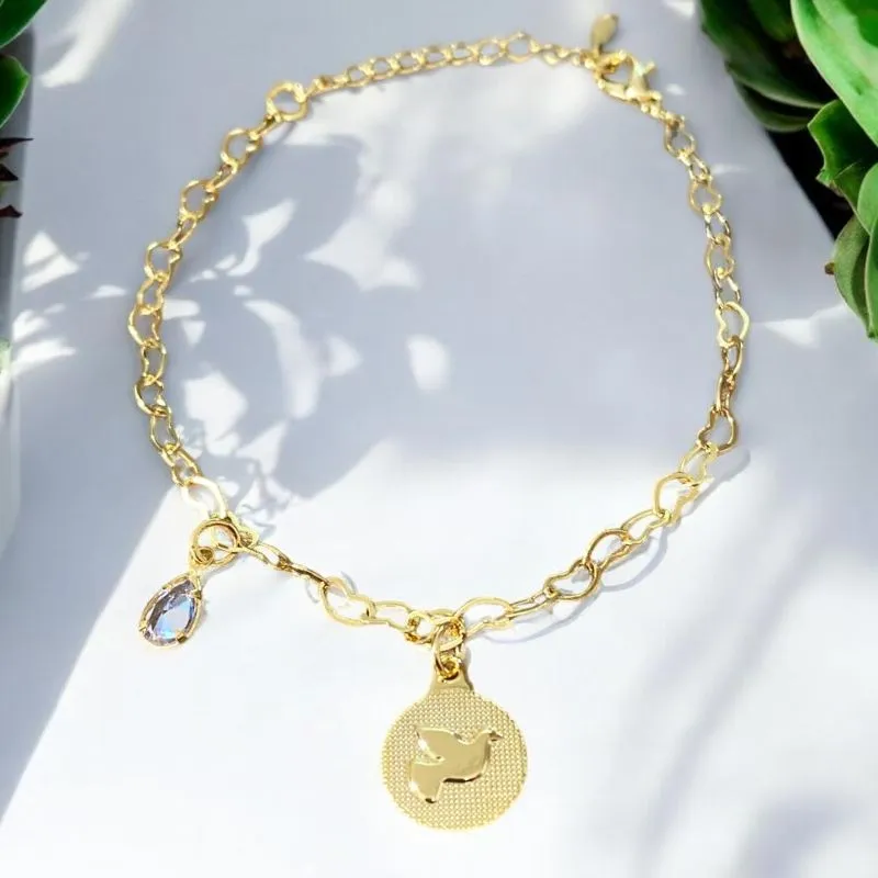 Pulseira Elos Coração Pingente Espirito Santo e Brilhante